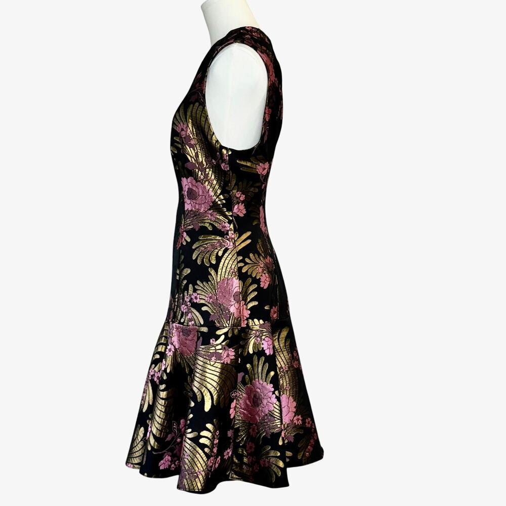 Josie Natori Floral Jacquard Dress Off Shoulder Black Gold Pink Fit Flare Size 4 - Picture 5 of 9